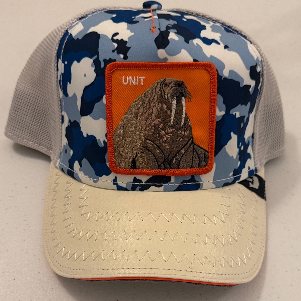 Goorin Bros Blue Camo Trucker Hat with Orange Walrus Patch
